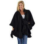 Load image into Gallery viewer, Le Moda Women's Frilled Solid Color Fleece Poncho Shawl with Matching Gloves at Linda Anderson. color_black