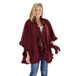 Load image into Gallery viewer, Le Moda Women's Frilled Solid Color Fleece Poncho Shawl with Matching Gloves at Linda Anderson. color_burgundy