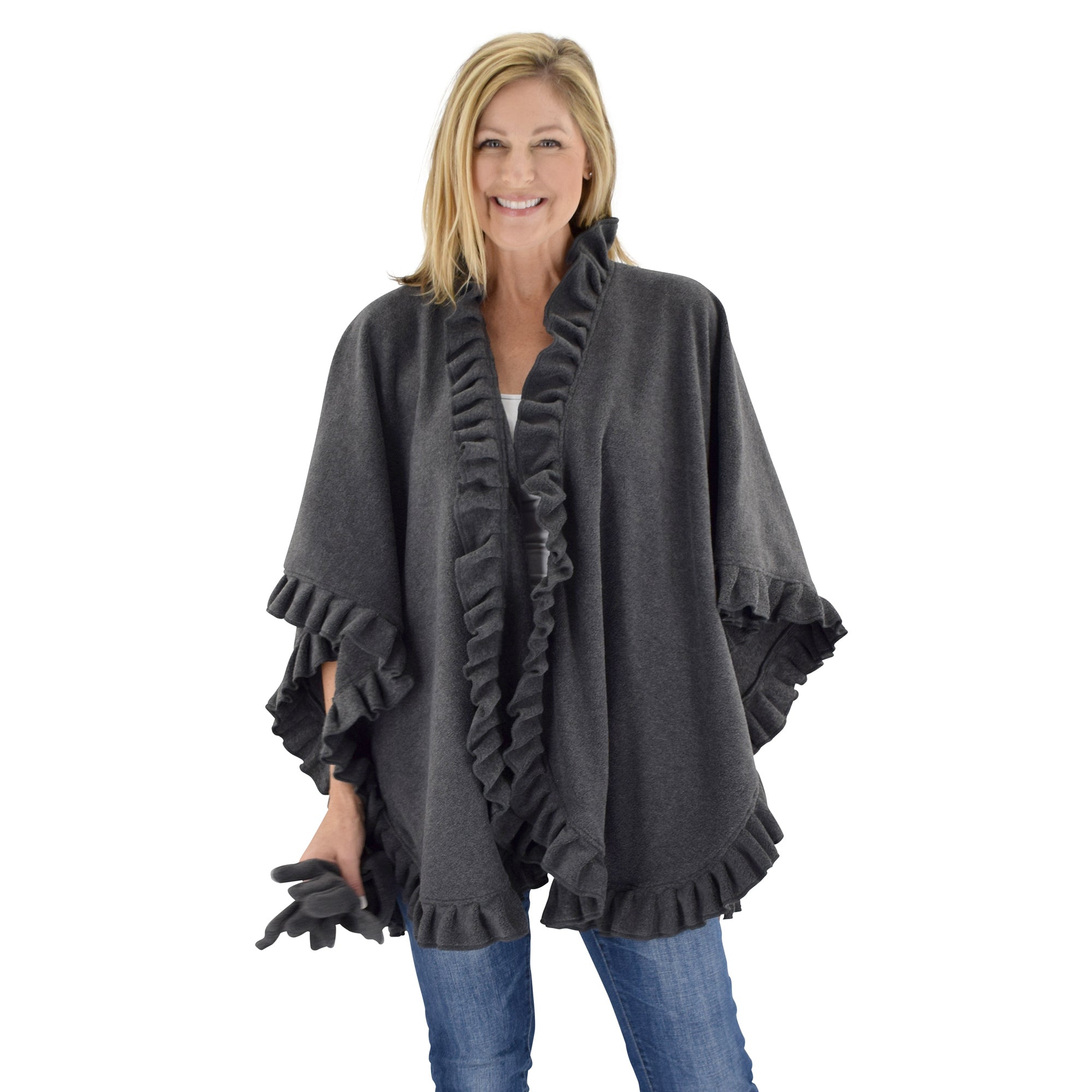 Le Moda Women's Frilled Solid Color Fleece Poncho Shawl with Matching Gloves at Linda Anderson. color_charcoal