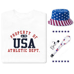 Load image into Gallery viewer, Men's, Women's, and Kids Property of USA T-Shirt, Bucket Hat, and Lanyard Bundle