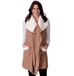 Load image into Gallery viewer, Le Moda Women’s Sherpa Trimmed Fleece Vest at Linda Anderson. color_camel