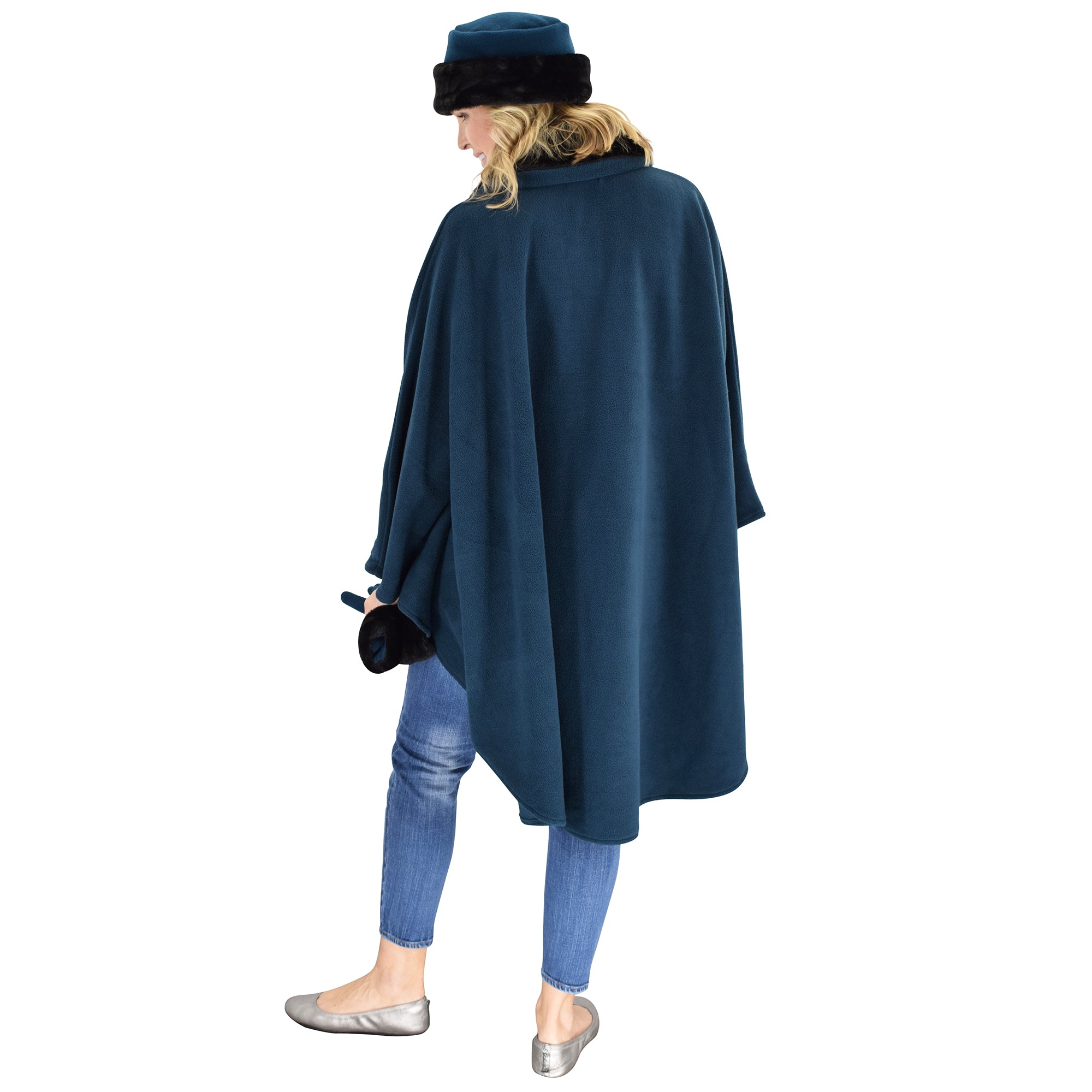 Le Moda Women's Black Fur Collar Polar Fleece Wrap with Matching Gloves and Hat-One Size Fits All at Linda Anderson.  color_teal