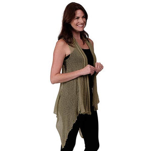 Le Moda Womenâ€™s Sleeveless Sheer Open Stitch Vest Cardigan at Linda Anderson. color_moss