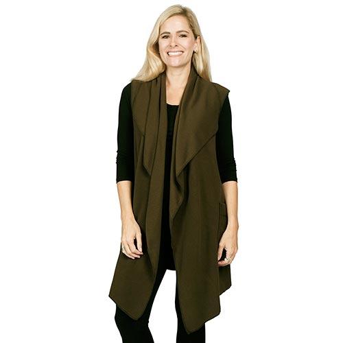 Le Moda Women’s Pocketed Open Front Fleece Vest  Cardigan with Headband at Linda Anderson. color_olive