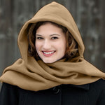 Load image into Gallery viewer, Fleece Womens Hooded Wraparound Scarf at Linda Anderson. color_camel