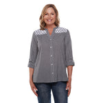 Load image into Gallery viewer, Roll Tab Long Sleeve Button Up Plaid Top with Lace Detail
