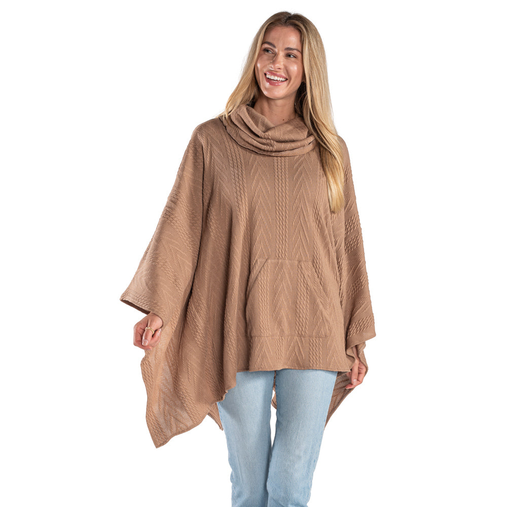 Camel Sweater Knit Sweater Poncho with Kangaroo Pocket