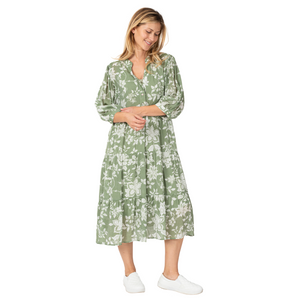 Sage Button Front Tiered Dress