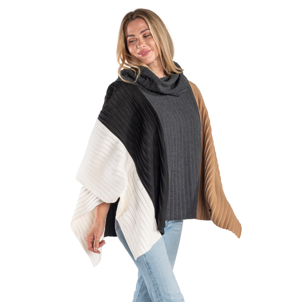 Color Blocked Cowl Neck Pleated Fleece Poncho