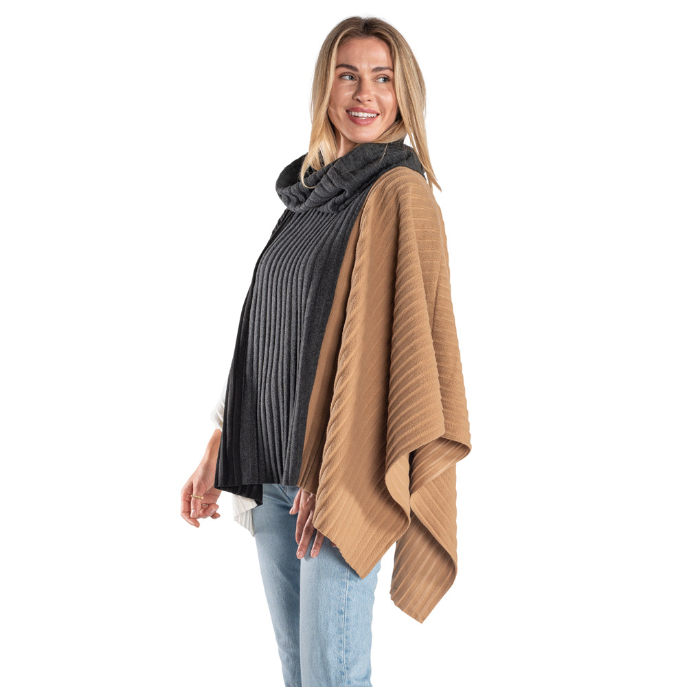 Color Blocked Cowl Neck Pleated Fleece Poncho