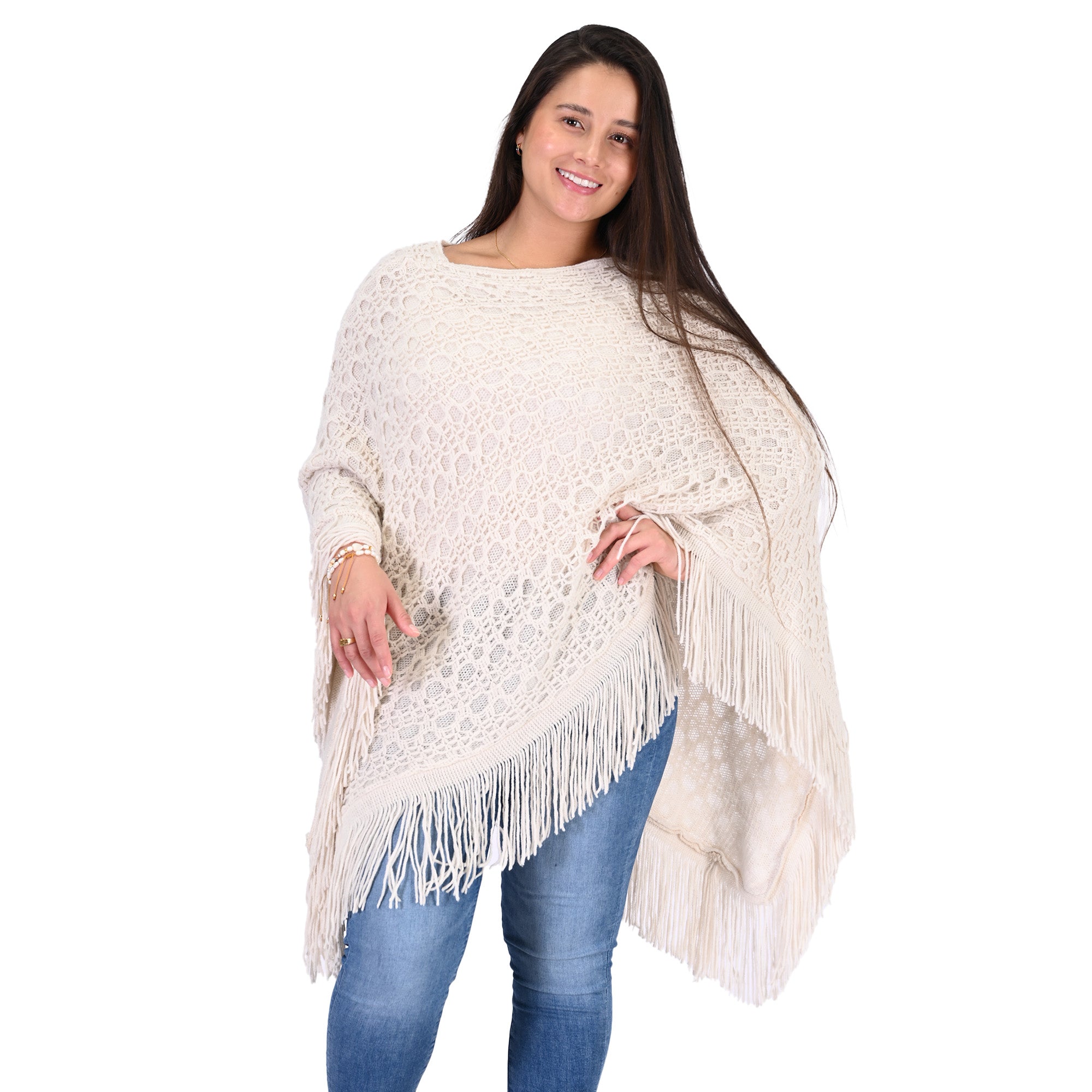 Ivory Knit Fringe Poncho