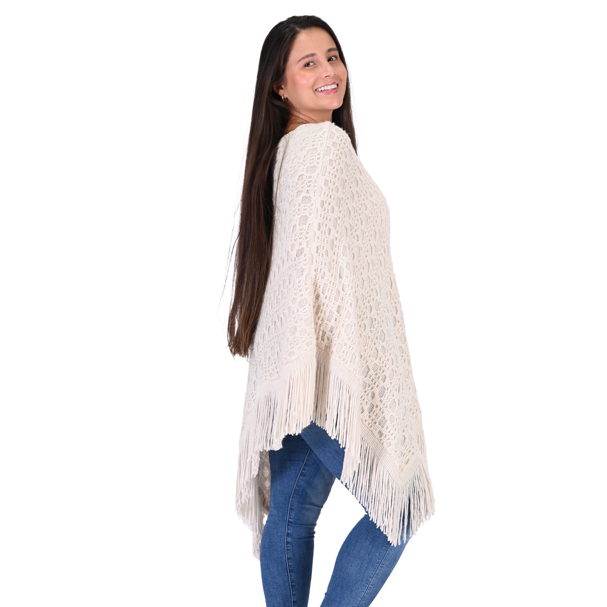Ivory Knit Fringe Poncho