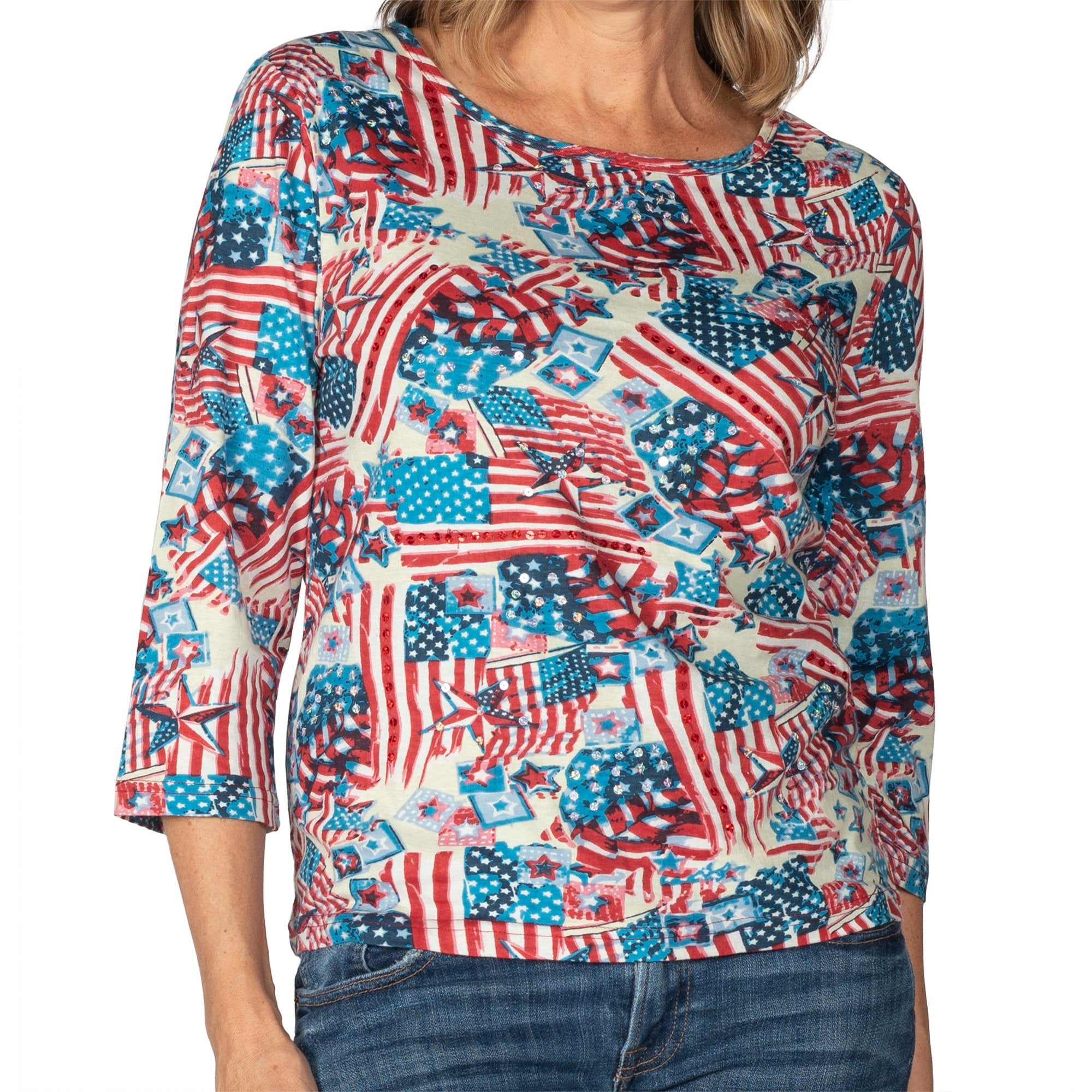 Women's USA Flag Mosaic 100% Cotton 3/4 Sleeve Shirt - the flag shirt