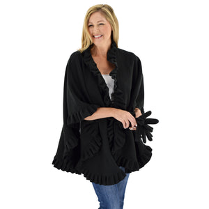 Le Moda Women's Frilled Solid Color Fleece Poncho Shawl with Matching Gloves at Linda Anderson. color_black