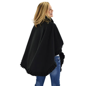 Le Moda Women's Frilled Solid Color Fleece Poncho Shawl with Matching Gloves at Linda Anderson. color_black