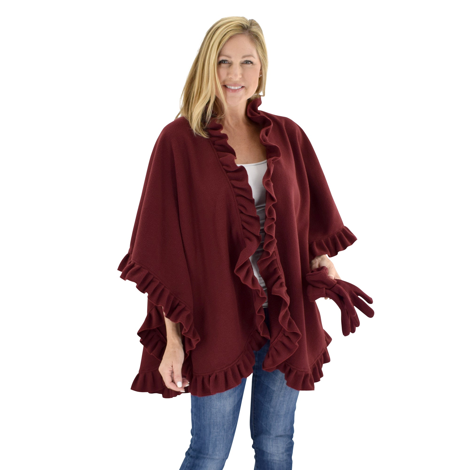 Le Moda Women's Frilled Solid Color Fleece Poncho Shawl with Matching Gloves at Linda Anderson. color_burgundy