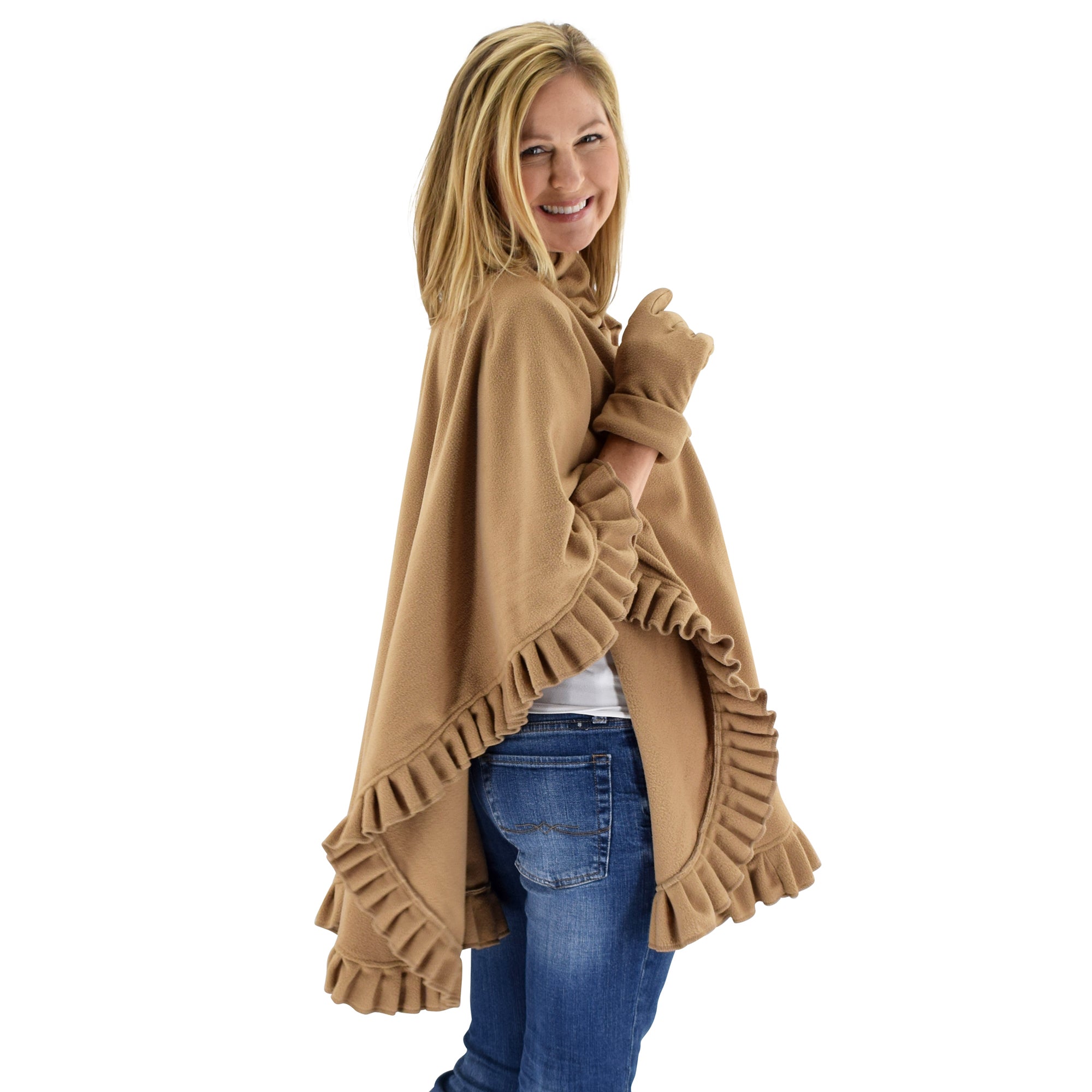 Le Moda Women's Frilled Solid Color Fleece Poncho Shawl with Matching Gloves at Linda Anderson. color_camel