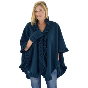 Le Moda Women's Frilled Solid Color Fleece Poncho Shawl with Matching Gloves at Linda Anderson. color_teal