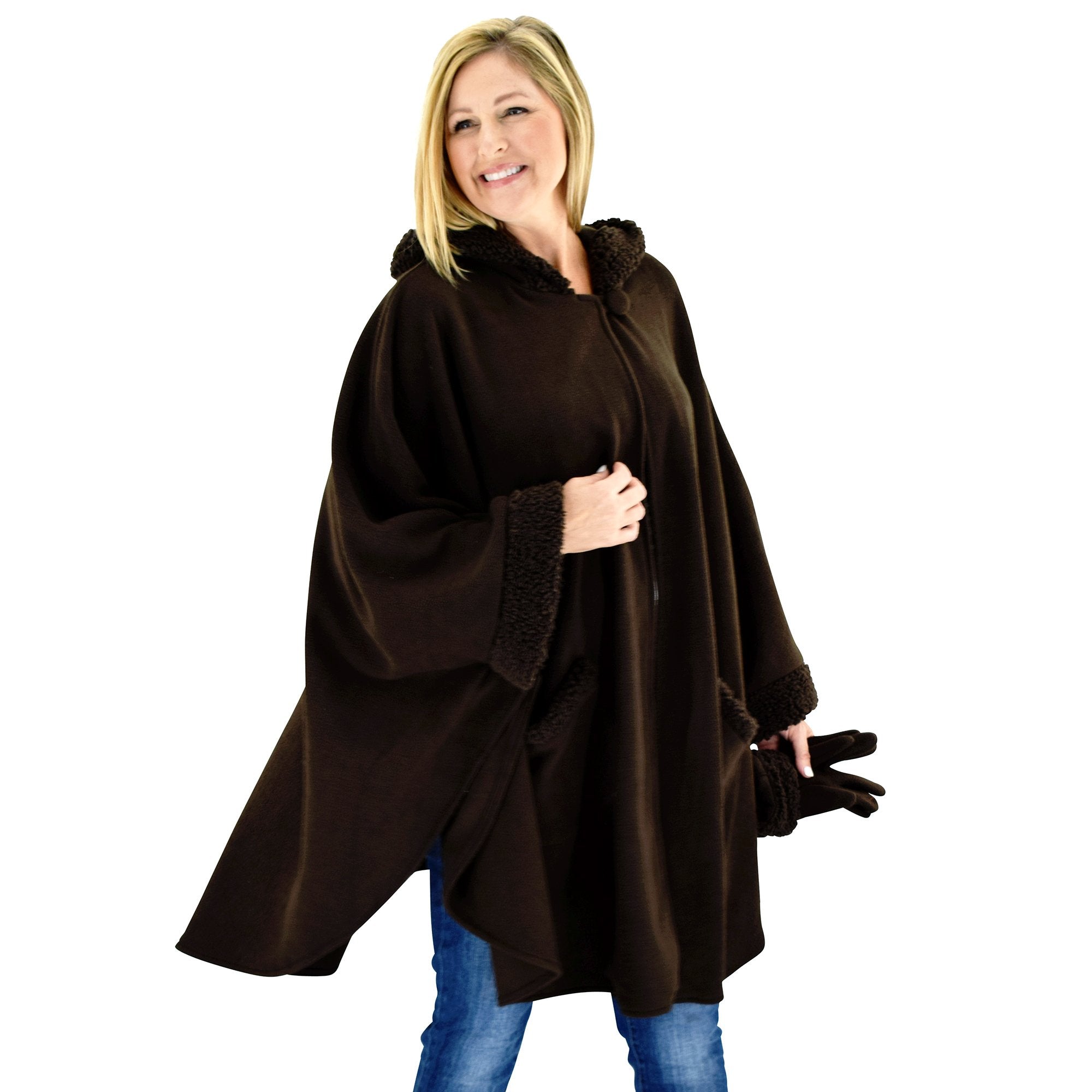 Le Moda Women’s Hooded Tonal Sherpa Trimmed Wrap with Matching Gloves at Linda Anderson. color_chocolate