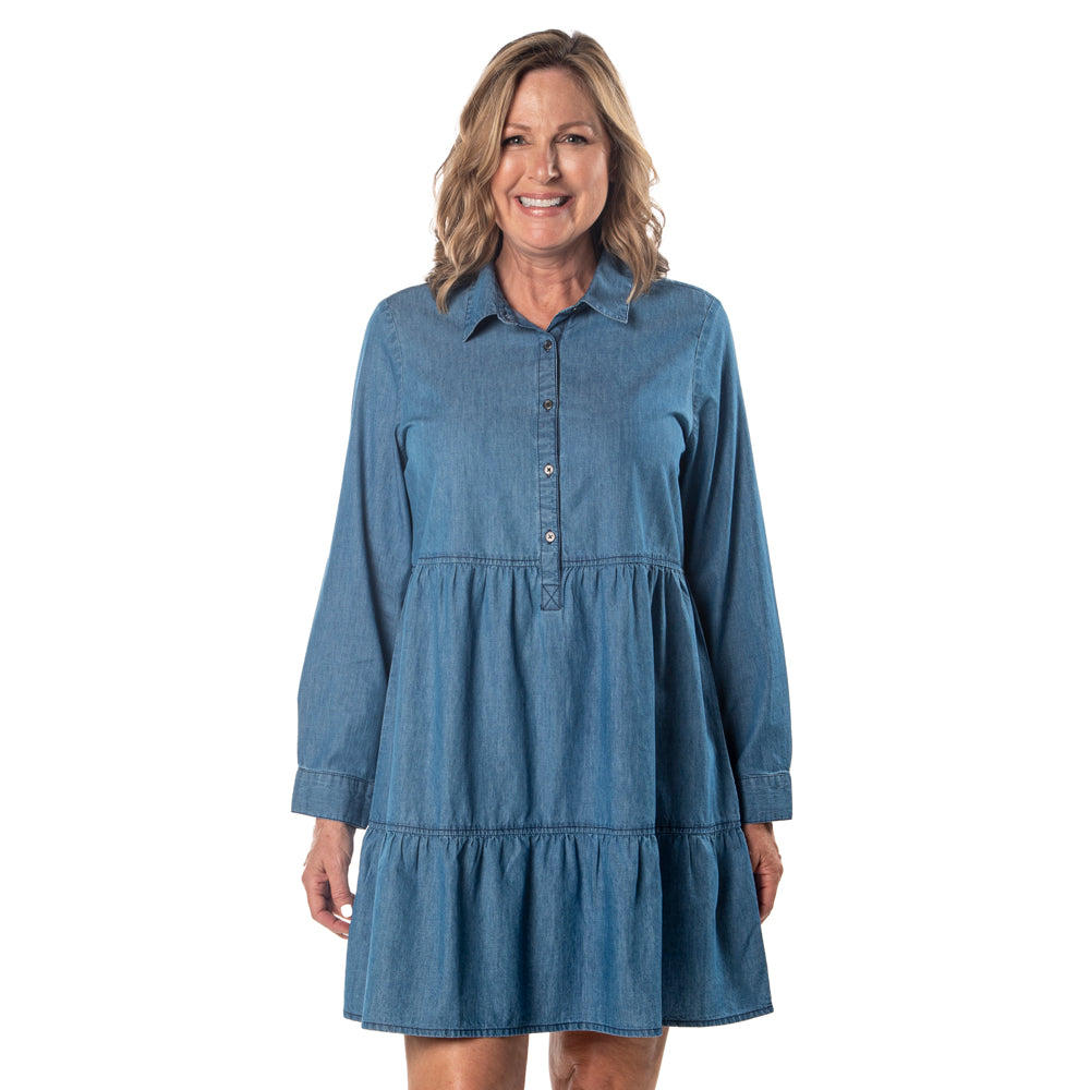 Long Sleeve Denim Tiered Dress Denim / XL Long Sleeve Denim Tiered Dress Denim / XL