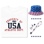 Load image into Gallery viewer, Men&#39;s, Women&#39;s, and Kids Property of USA T-Shirt, Bucket Hat, and Lanyard Bundle
