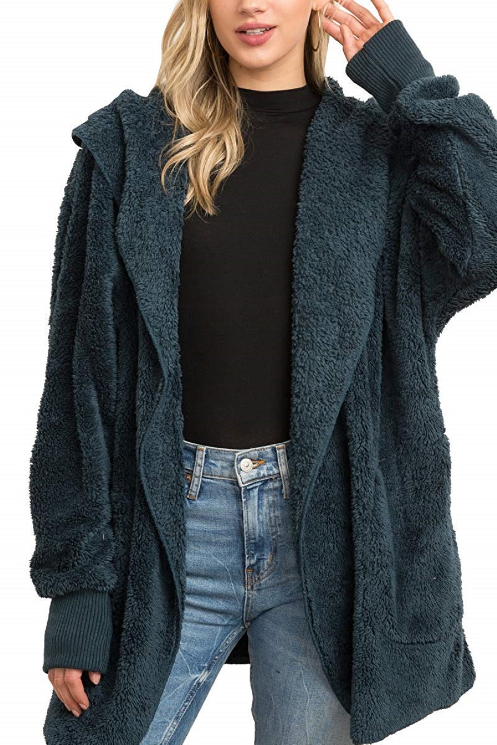 Le Moda Both Side Fur Open Jacket with Pockets - Teal at Linda Anderson