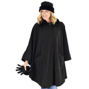 Le Moda Women's Black Fur Collar Polar Fleece Wrap with Matching Gloves and Hat-One Size Fits All at Linda Anderson. color_black