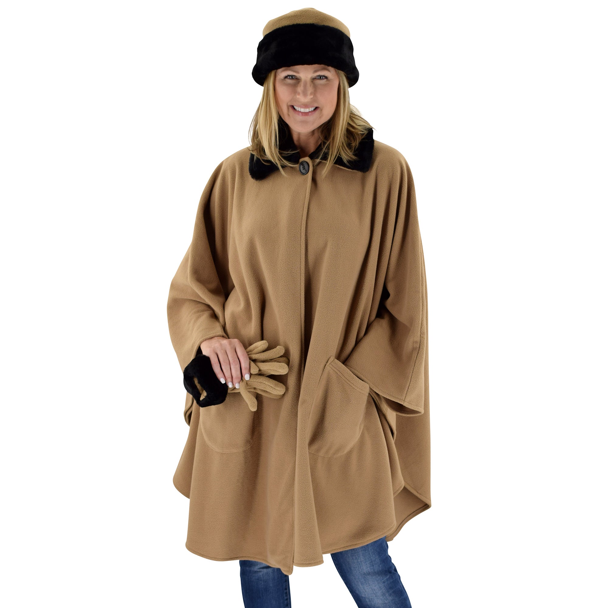 Le Moda Women's Black Fur Collar Polar Fleece Wrap with Matching Gloves and Hat-One Size Fits All at Linda Anderson.  color_camel