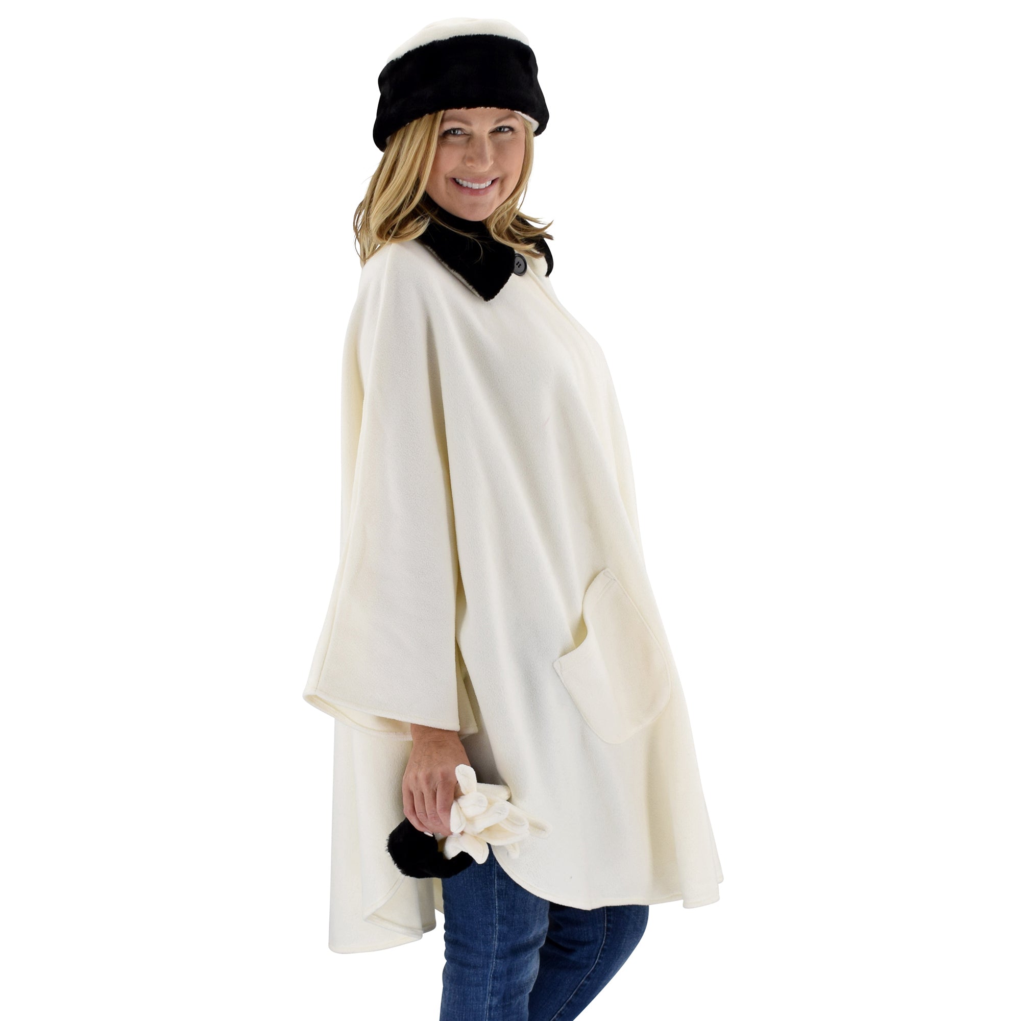 Le Moda Women's Black Fur Collar Polar Fleece Wrap with Matching Gloves and Hat-One Size Fits All at Linda Anderson. color_winter_white
