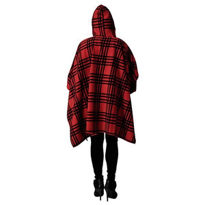 Printed Fleece Poncho with Hoodie Red/Blk at Linda Anderson