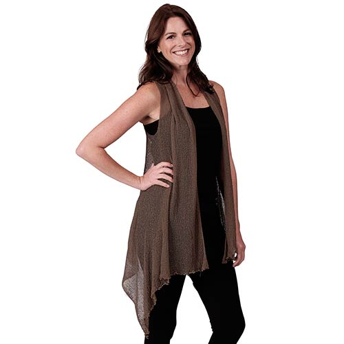 Le Moda Womenâ€™s Sleeveless Sheer Open Stitch Vest Cardigan at Linda Anderson. color_chocolate