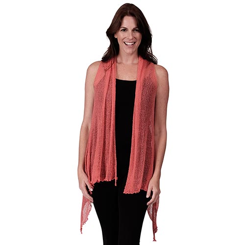 Le Moda Womenâ€™s Sleeveless Sheer Open Stitch Vest Cardigan at Linda Anderson. color_coral