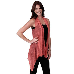 Le Moda Womenâ€™s Sleeveless Sheer Open Stitch Vest Cardigan at Linda Anderson. color_coral