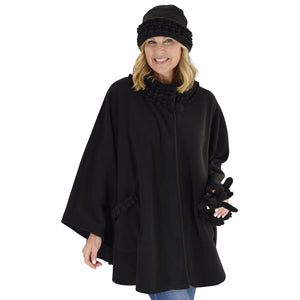 Le Moda Women's Ruffed collar Fleece Wrap with Matching Gloves and Hat - One Size Fits All at Linda Anderson. color_black