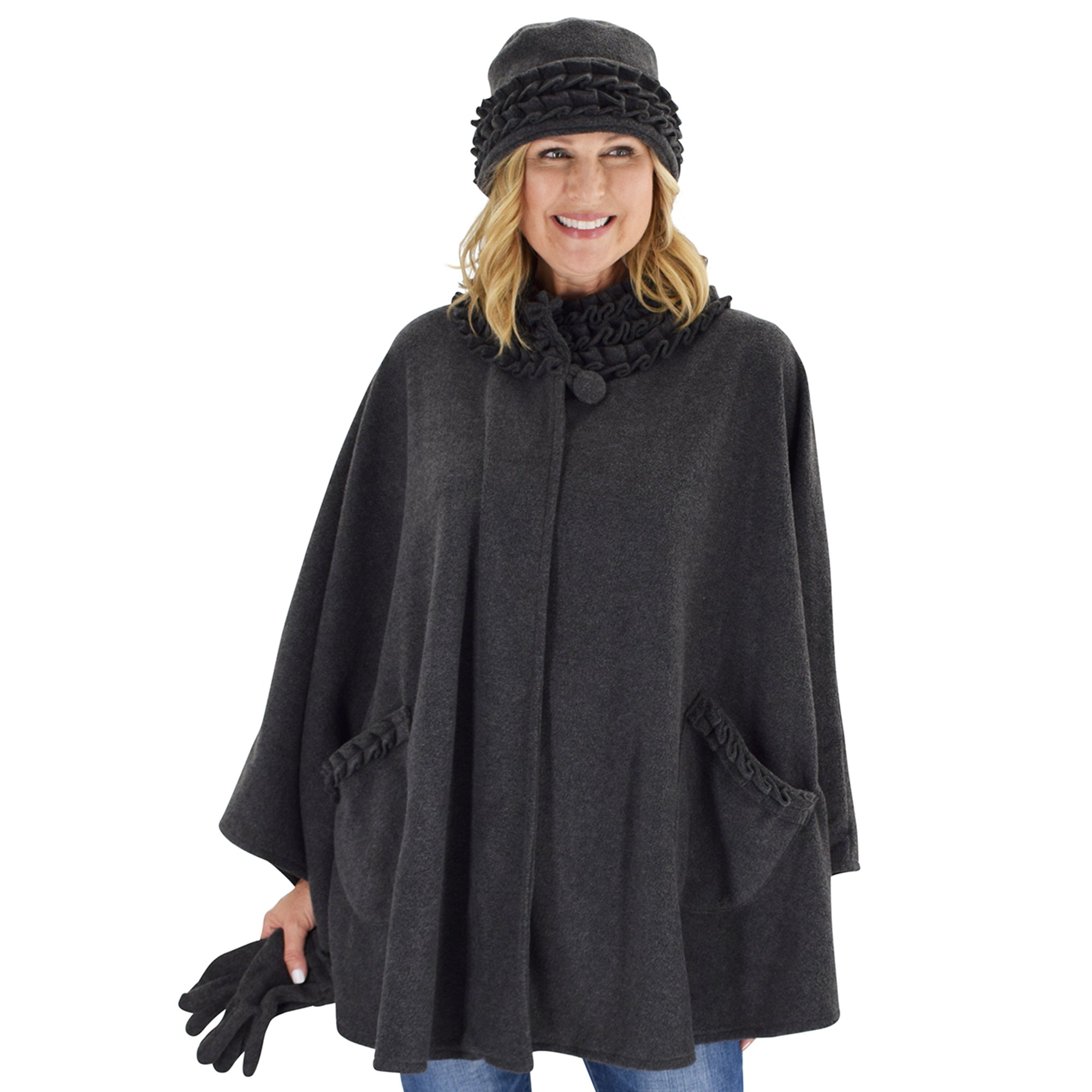 Le Moda Women's Ruffed collar Fleece Wrap with Matching Gloves and Hat - One Size Fits All at Linda Anderson. color_grey