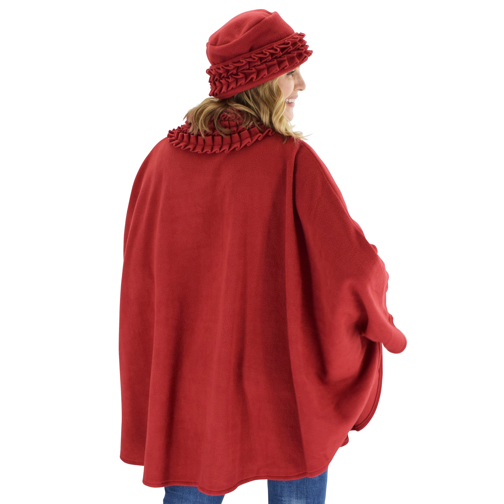 Le Moda Women's Ruffed collar Fleece Wrap with Matching Gloves and Hat - One Size Fits All at Linda Anderson. color_red