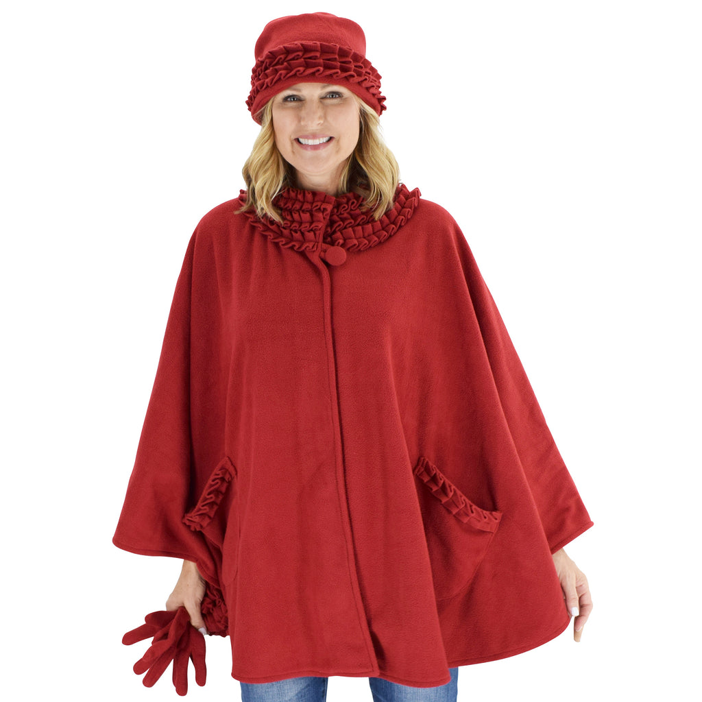 Le Moda Women's Ruffed collar Fleece Wrap with Matching Gloves and Hat - One Size Fits All at Linda Anderson. color_red