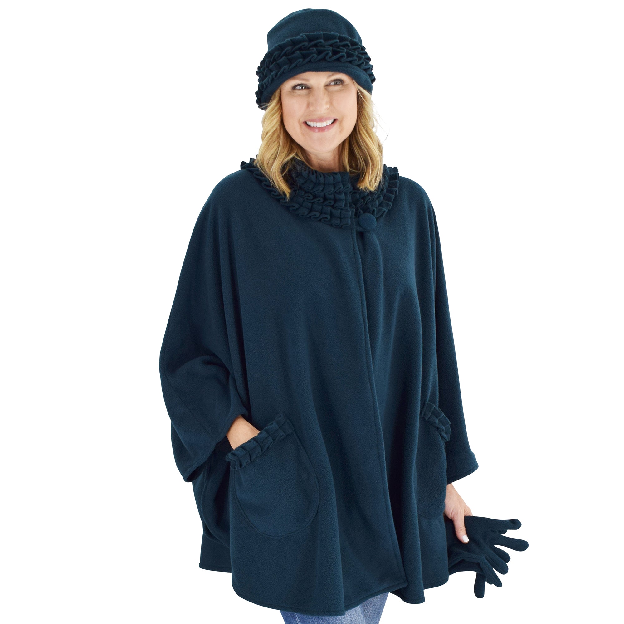 Le Moda Women's Ruffed collar Fleece Wrap with Matching Gloves and Hat - One Size Fits All at Linda Anderson. color_teal
