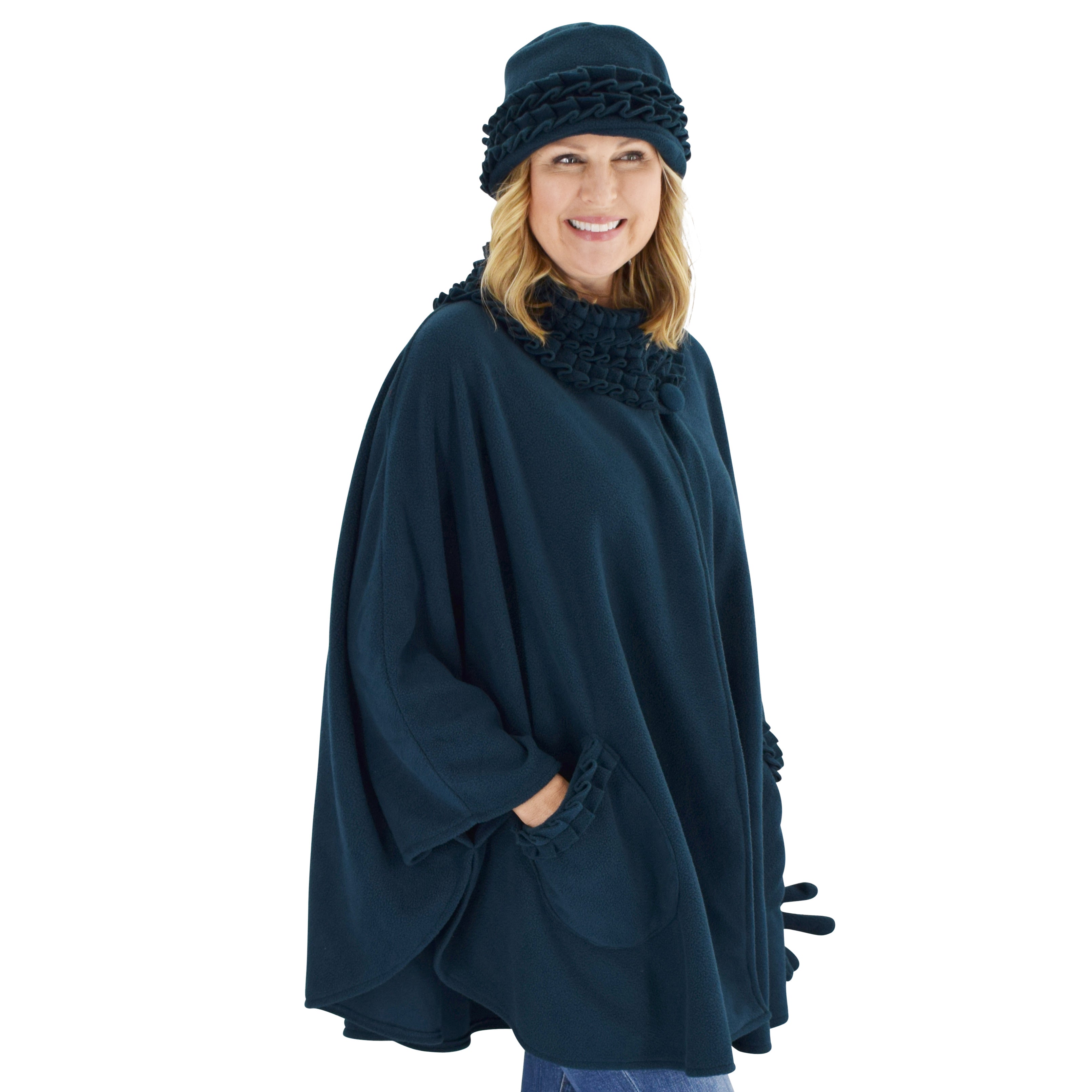 Le Moda Women's Ruffed collar Fleece Wrap with Matching Gloves and Hat - One Size Fits All at Linda Anderson. color_teal