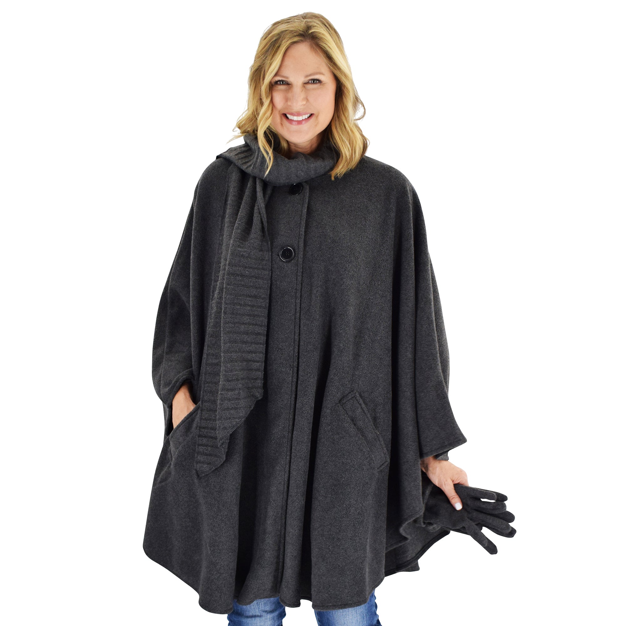 Le Moda Women’s Wrap with Integrated Pleated Scarf with Matching Gloves at Linda Anderson. color_charcoal