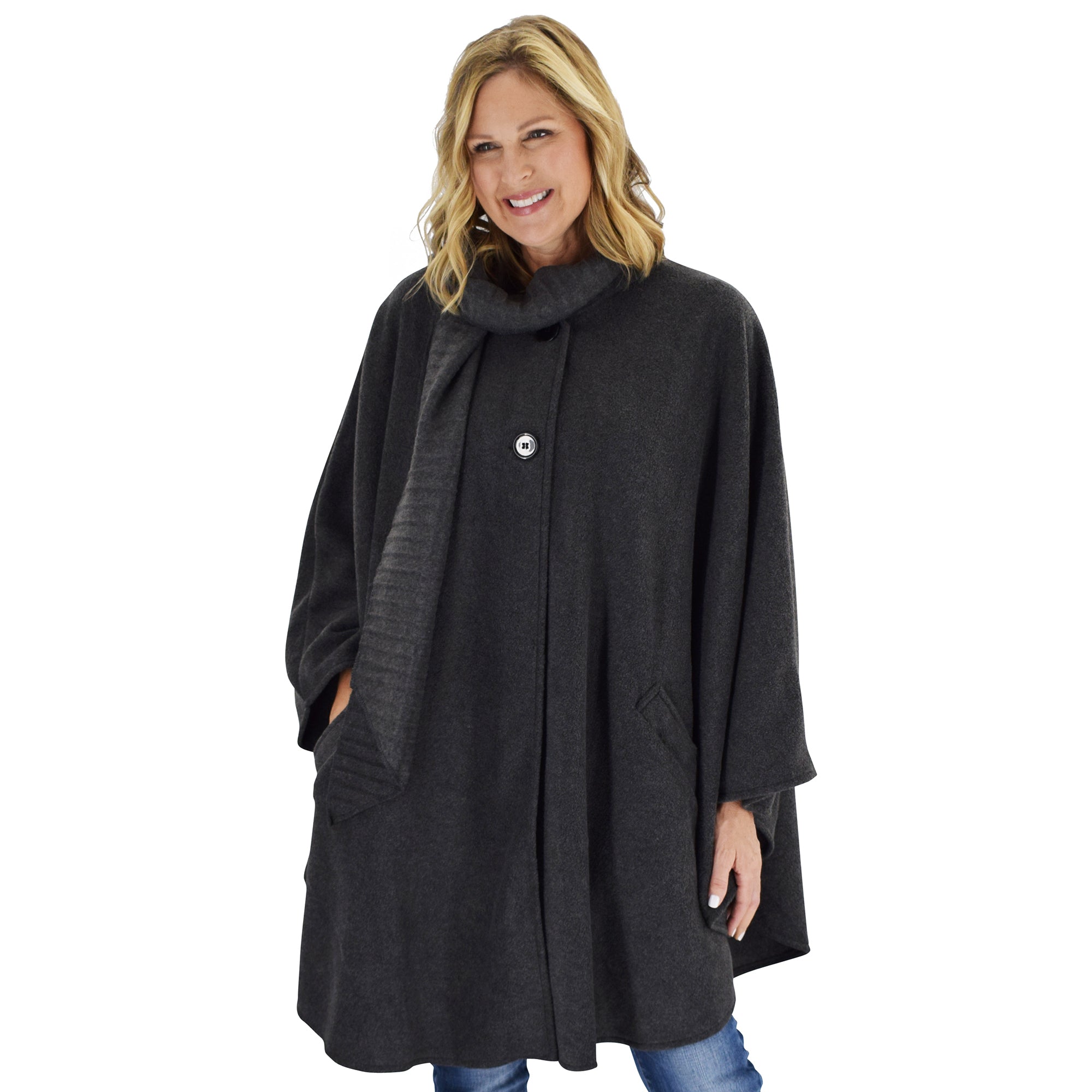 Le Moda Women’s Wrap with Integrated Pleated Scarf with Matching Gloves at Linda Anderson. color_charcoal