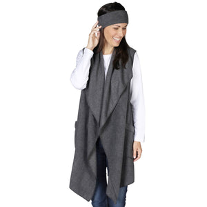 Le Moda Women’s Pocketed Open Front Fleece Vest  Cardigan with Headband at Linda Anderson. color_charcoal
