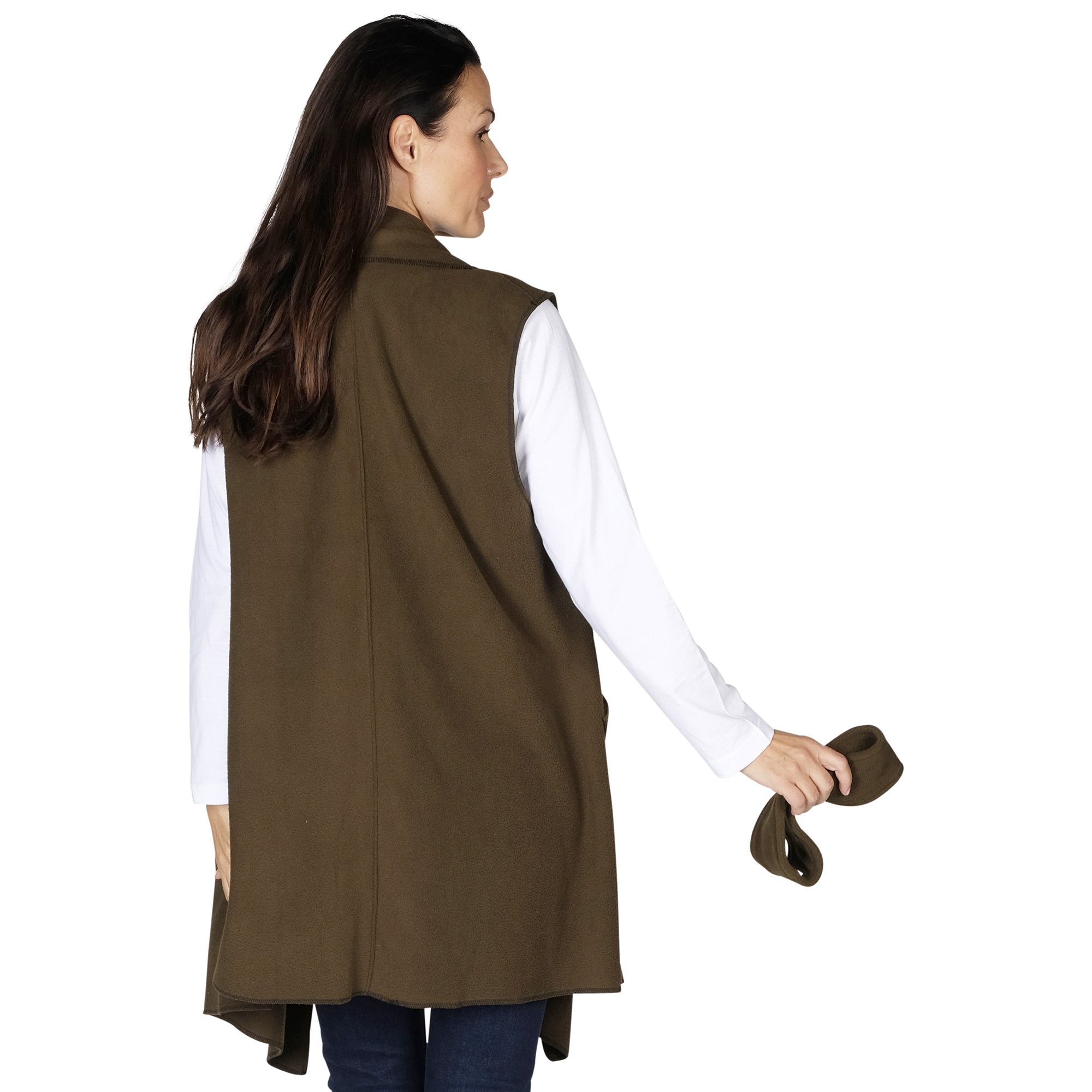 Le Moda Women’s Pocketed Open Front Fleece Vest  Cardigan with Headband at Linda Anderson. color_olive