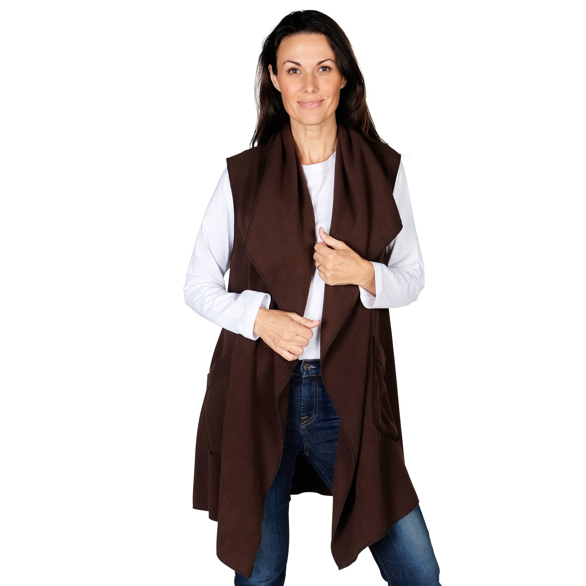 Le Moda Women’s Pocketed Open Front Fleece Vest  Cardigan with Headband at Linda Anderson. color_chocolate