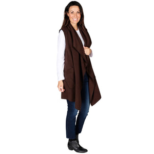 Le Moda Women’s Pocketed Open Front Fleece Vest  Cardigan with Headband at Linda Anderson. color_chocolate