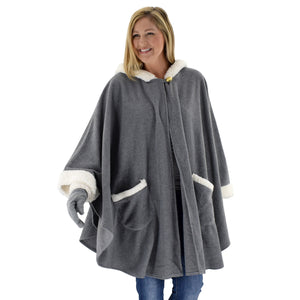 Le Moda Womens Hooded Cape with Natural Sherpa Trim with Matching Gloves at Linda Anderson. color_grey