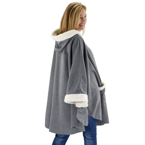 Le Moda Womens Hooded Cape with Natural Sherpa Trim with Matching Gloves at Linda Anderson. color_grey