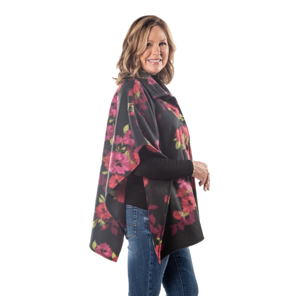 Bridget High Neck 4 Button Floral Fleece Cozy Coat Cape Bridget High Neck 4 Button Floral Fleece Cozy Coat Cape