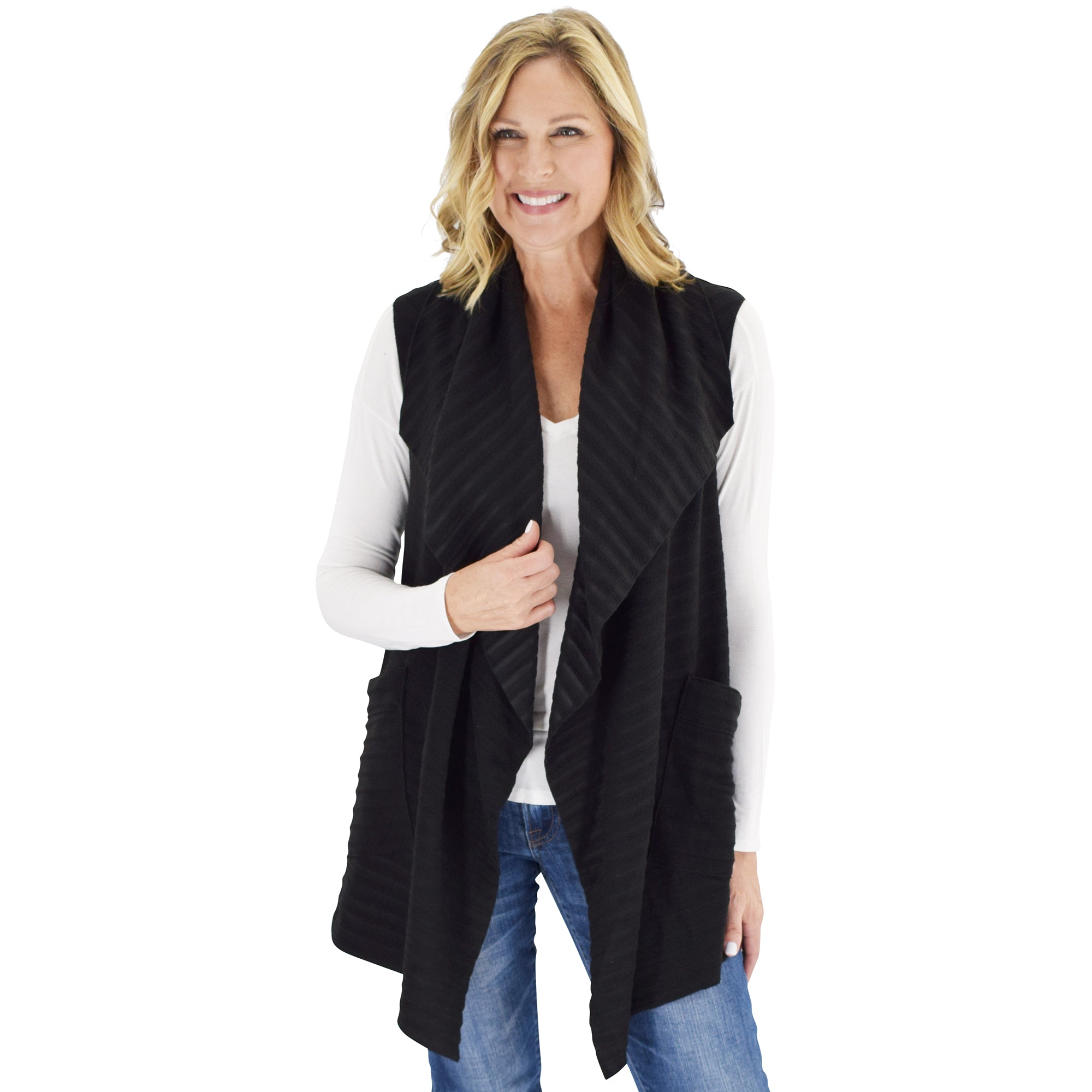 Le Moda Women's Sleeveless Pleated Open Front Fleece Vest Cardigan with Pockets at Linda Anderson. color_black