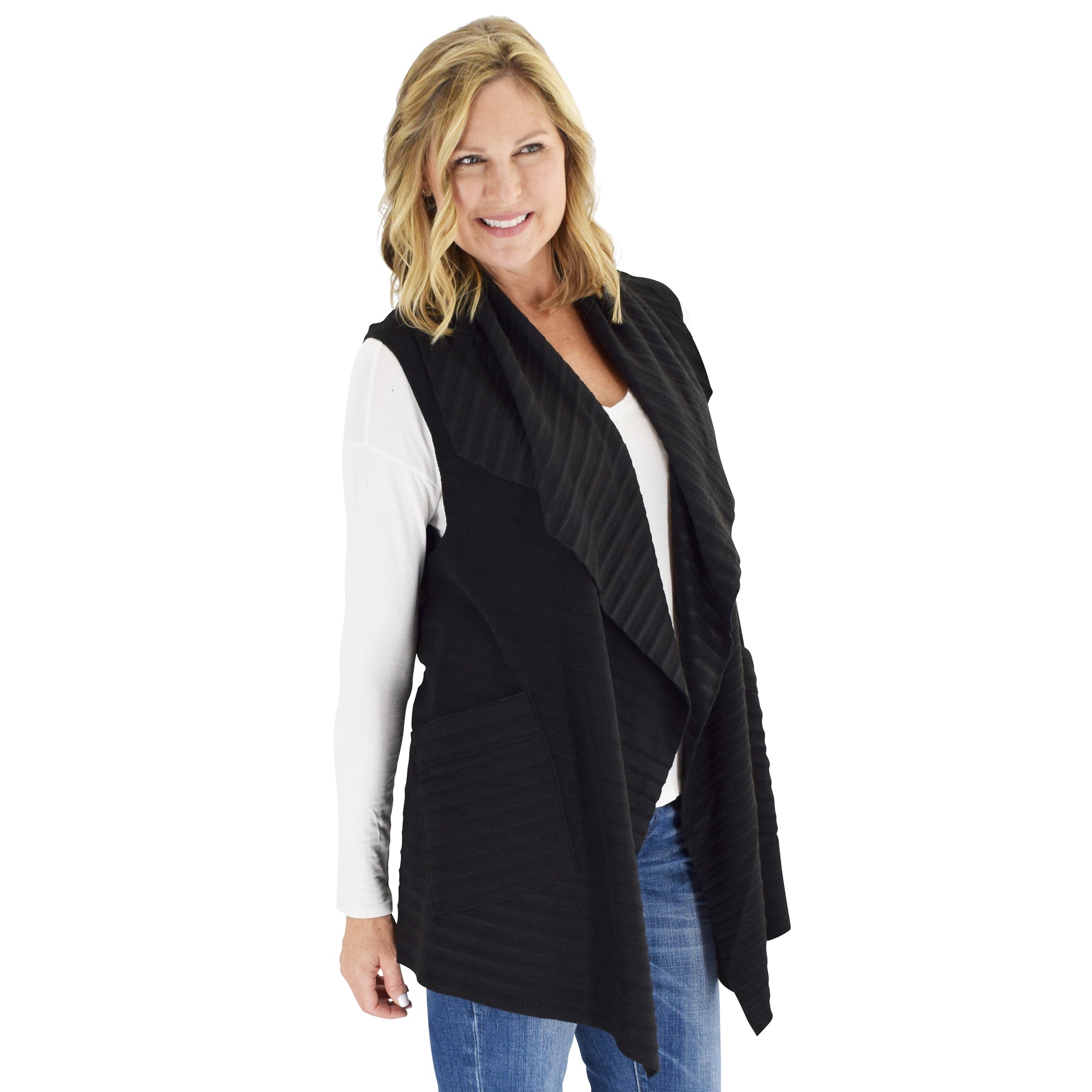 Le Moda Women's Sleeveless Pleated Open Front Fleece Vest Cardigan with Pockets at Linda Anderson. color_black